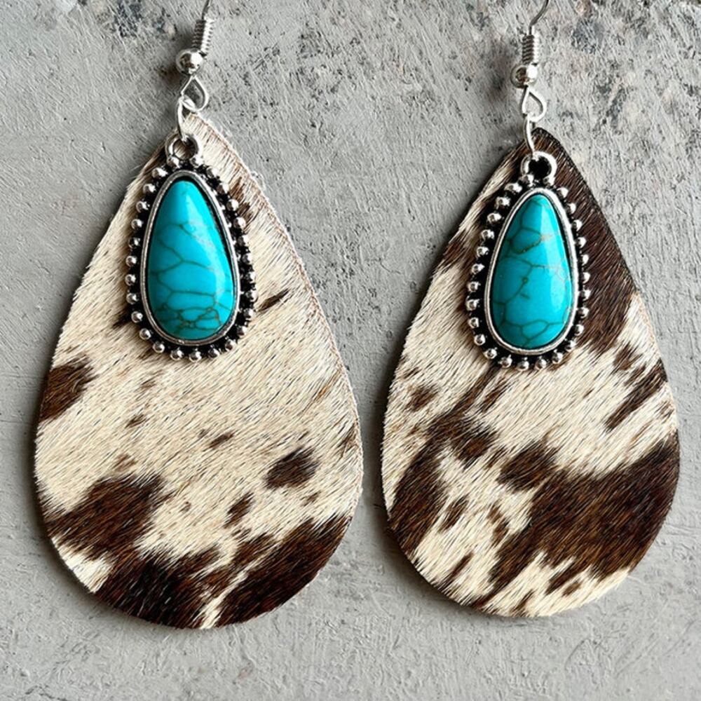 Animal Print Leather Cowhide Suede & Turquoise Fishhook Earrings NWOT - Picture 1 of 2